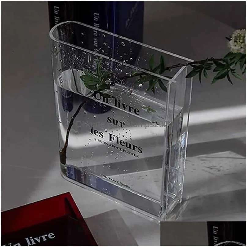 Decorative Objects & Figurines Decorative Objects Figurines Clear Book Flower Vase Acrylic Desktop Bookshelf Decor Shape Arrangement W Dh1Be