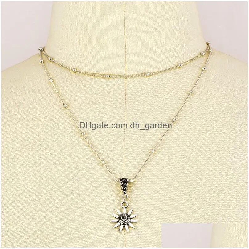 Pendant Necklaces New Boho Jewelry Mti Layer Sier Beaded Choker Necklaces For Women Y Sunflower Pendant Vintage Necklace Dro Dhgarden Dhfwl