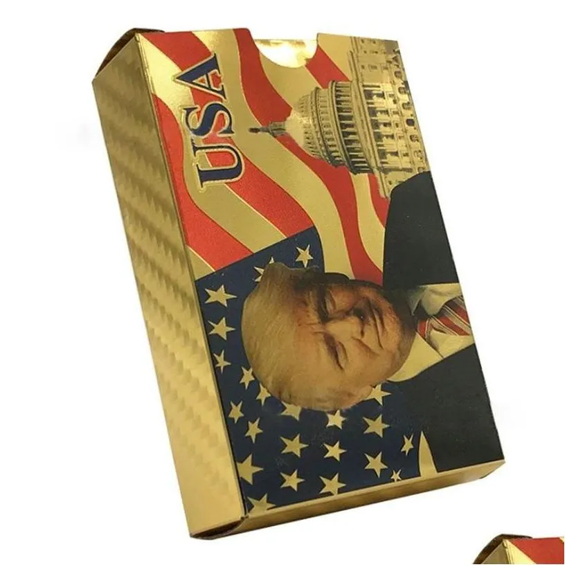 Party Favor Trump Waterproof Gold Sier Playing Cards Poker Game Plastic Drop Delivery Home Garden Festive Supplies Dhpfn