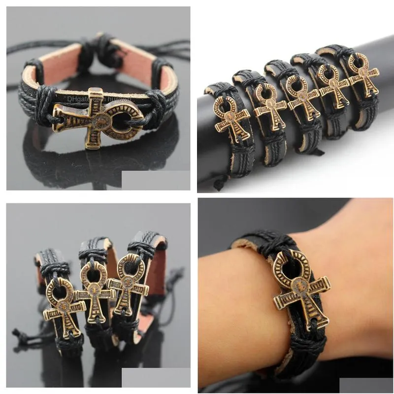 whole lot 12 pcs men women039s handwoven egyptian ankh leather bracelets wrap hemp bangles gifts mb762622576