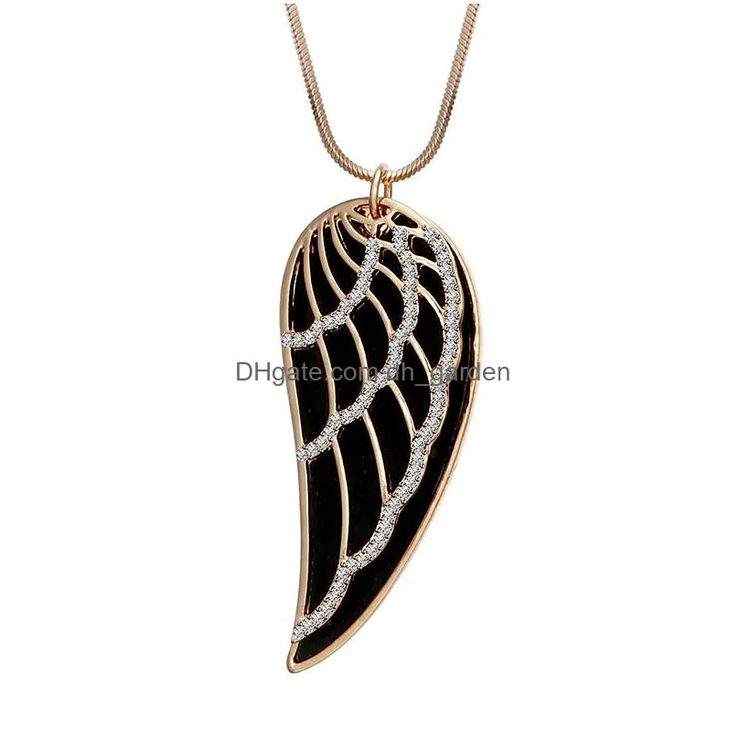 Pendant Necklaces New Gold Color Crystal Feather Angel Wing Pendant Necklace Double Layer Long Sweater Chain Statement Jewel Dhgarden Dhuth