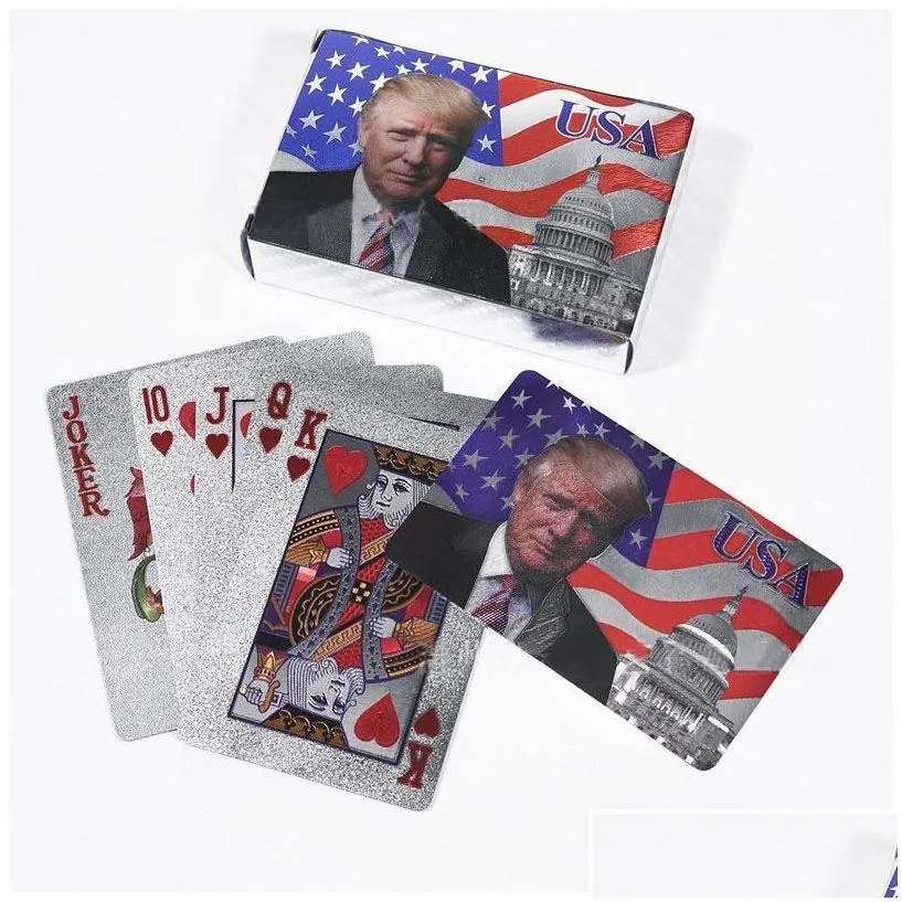 Party Favor Trump Waterproof Gold Sier Playing Cards Poker Game Plastic Drop Delivery Home Garden Festive Supplies Dhpfn