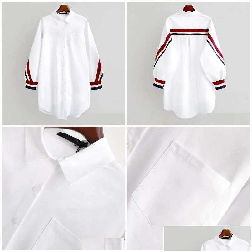 WomenS Blouses Shirts Womens 2021 White Loose Button Up Stripe Bandage Women Turn-Down Collar Woven Long Sleeve Plus Size Ladies