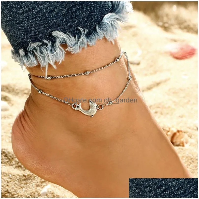 Anklets New Bohemian Sier Beach Lady Vintage  Beaded Anklets Bracelet For Women Adjustable Mtilayer Chain Jewelry Gi Dhgarden Dh71S