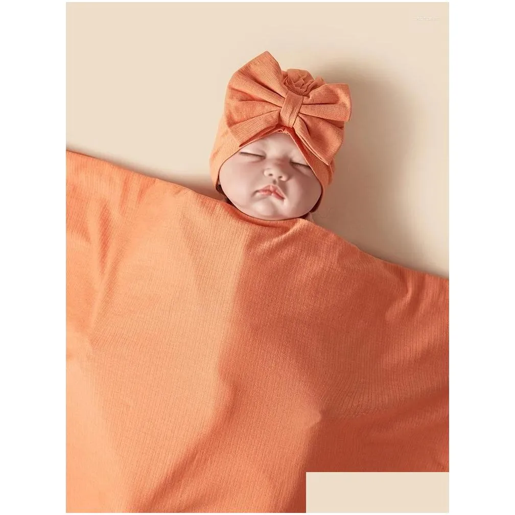 blankets 3pcs/set born receiving blanket muslin swaddle baby sleeping bag solid color hat headband