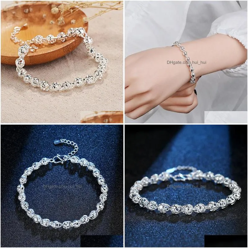 charm bracelets pretty lovely hollow ball chain 925 stamp silver bracelet for women fashion wedding party holiday gift fine