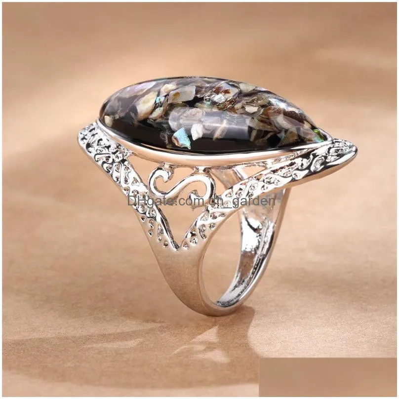 Cluster Rings New Arrival 4 Color Pickable Antique Sier Fantasy Big Oval Shell Finger Ring For Women Female Boho Beach Jewl Dhgarden Dh3Wu