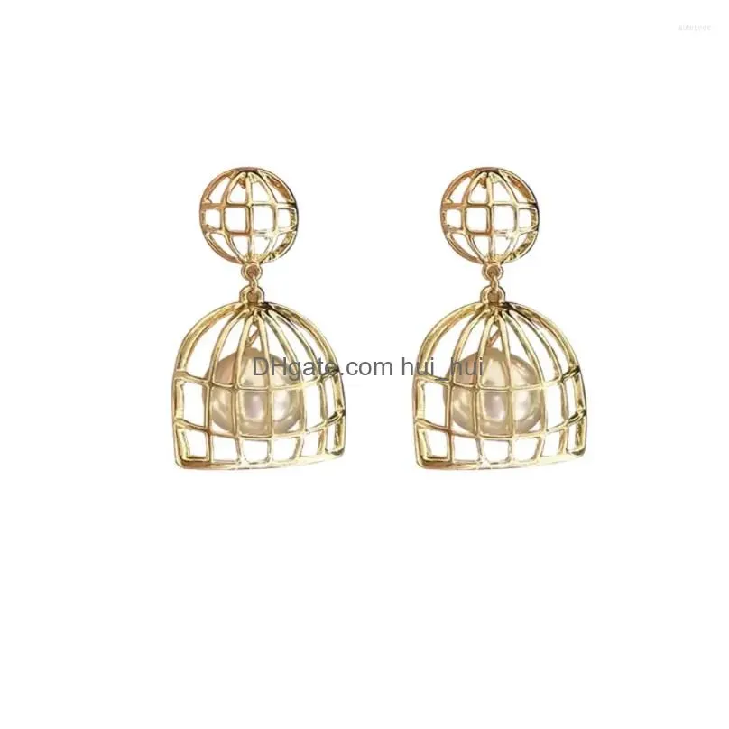 dangle earrings womens gold plated silver hollowed-out net bird cage shape ear pendant party trendy chic big pearl drop earring