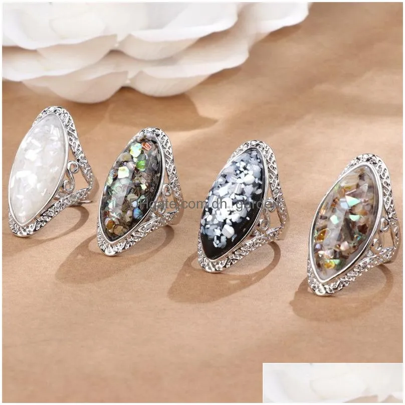 Cluster Rings New Arrival 4 Color Pickable Antique Sier Fantasy Big Oval Shell Finger Ring For Women Female Boho Beach Jewl Dhgarden Dh3Wu