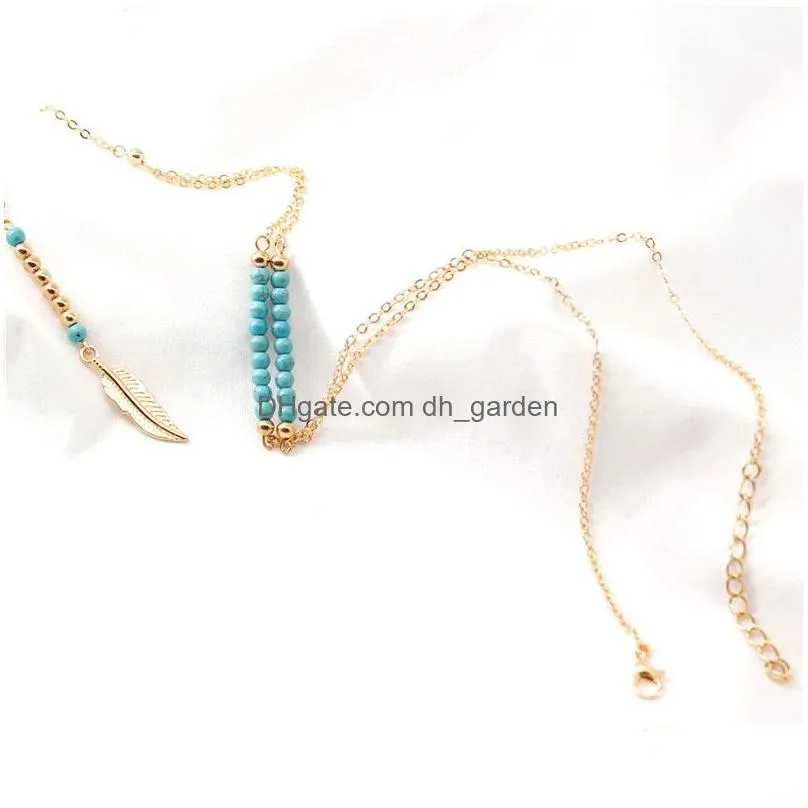 Pendant Necklaces New Bohemian Ethnic Y Shape Necklace Blue Beads Feather Pendant Long Chain Tassel Necklaces For Women Roun Dhgarden Dhb2L