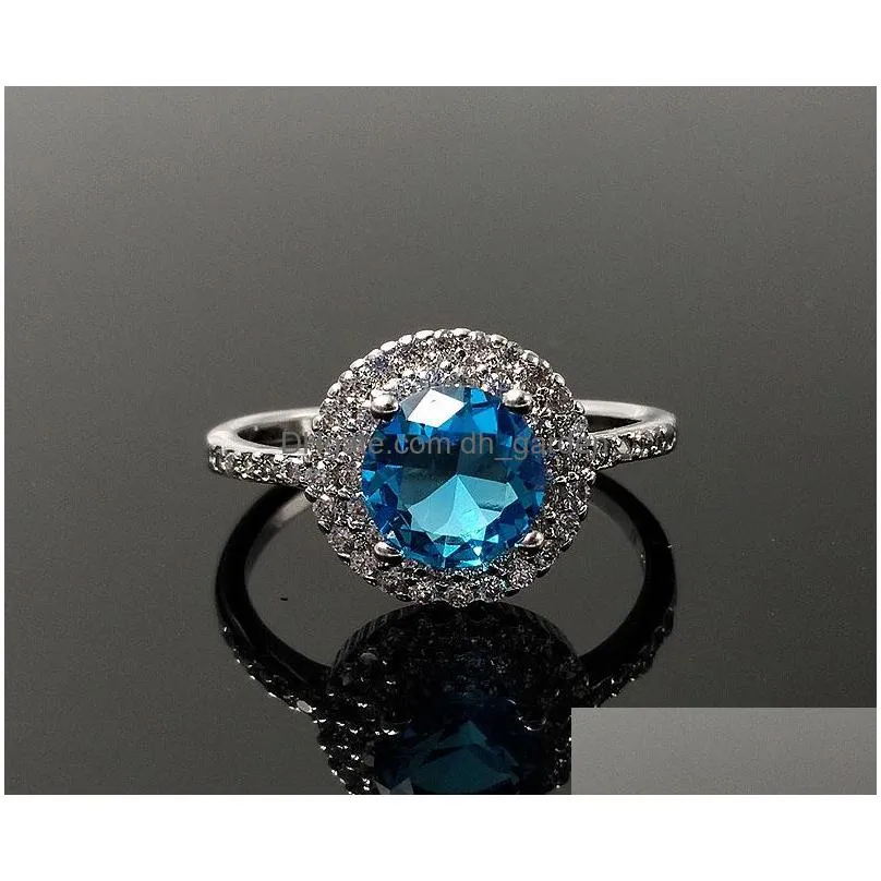 Cluster Rings High Quality Blue Zircon Copper Wedding Ring For Women Clear Birthstone Round Platinum Elegant Jewelry Gift D Dhgarden Dhnuc