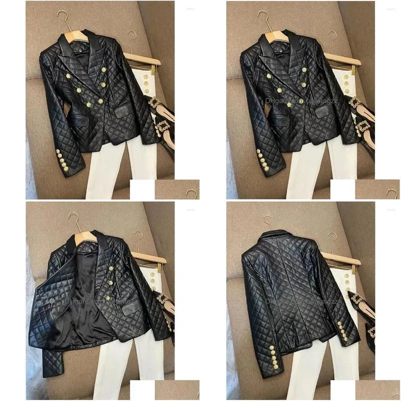 womens leather 2023 spring autumn jacket high end black short shoulder cushion customized casual setting suit coat for women