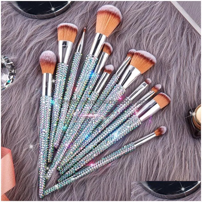 Makeup Brushes 12Pcs Custom Logo Bling Make Up Rhinestone Synthetic Diamond Glitter Sparkle Makeup Brush Set Drop Delivery Health Beau Dhgau