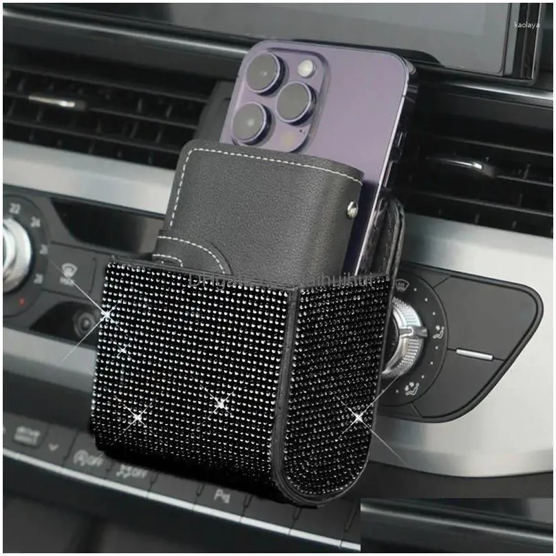 car organizer air outlet storage box vent pocket big space with clip and fixed hook strong load rhinestones