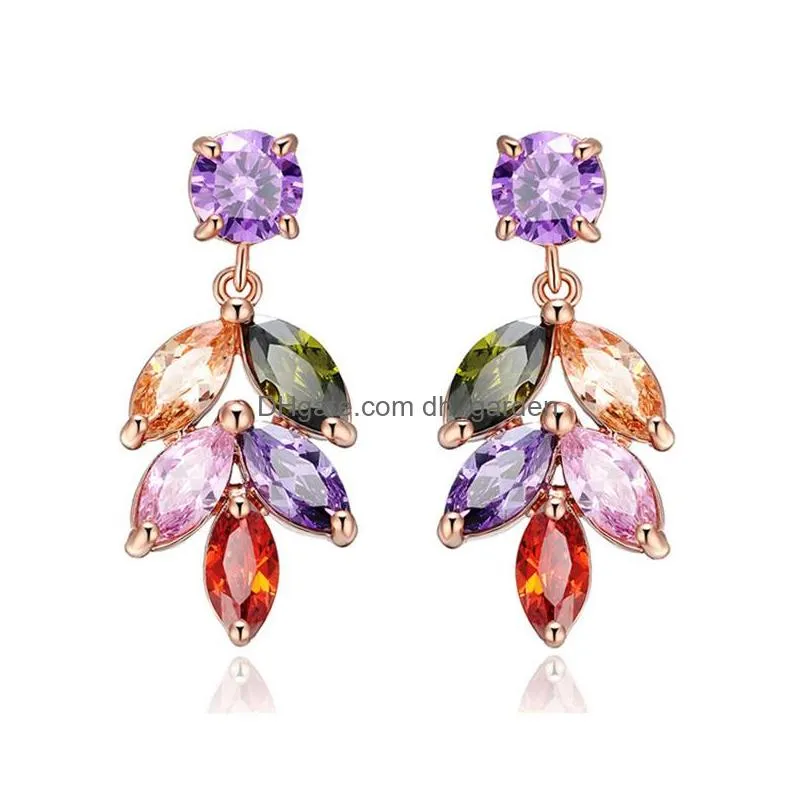 Dangle & Chandelier New Fashion Leaf Colorf 3A Cubic Zirconia Dangle Earrings For Women Rhinestone Cluster Floral Cz Bride Dhgarden Dhylz