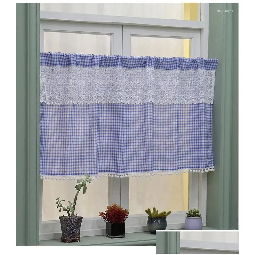 curtain blue small lattice lace short curtains no punch bedroom blackout fabric kitchen coffee half dust