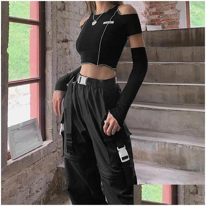 women`s t shirts patchwork black t-shirts gothic one shoulder sleeve y2k crop tops ruffles hem hip hop techwear women tees