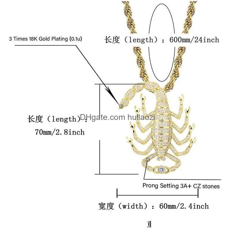 necklaces 18k gold animal 3d scorpion pendant necklace iced out zircon with rope chain for men women chram hip hop jewelry gift264v