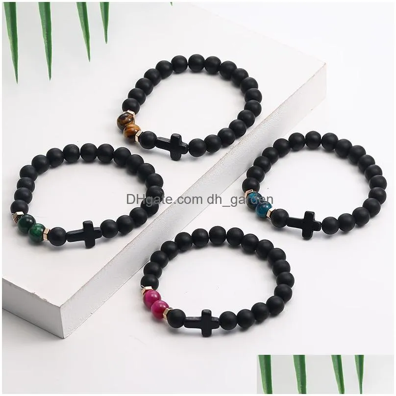 Beaded Fashion Design Natural Black Matte Stone Agate Beads Bracelet For Men Cross Charm Handmade Elastic Rope Adjustable D Dhgarden Dhcxo