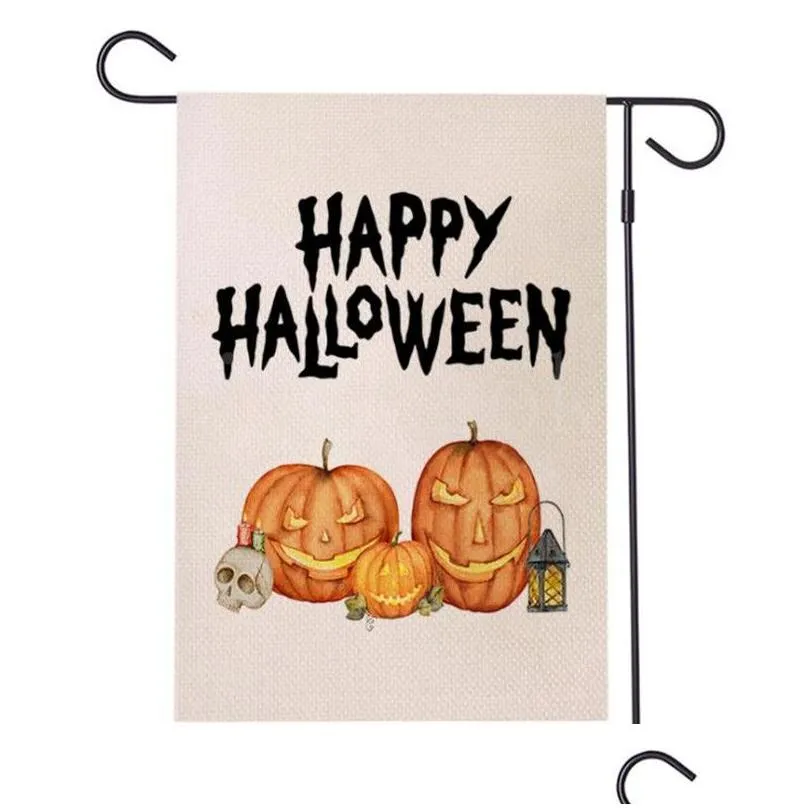 Banner Flags 47X32Cm Halloween Garden Flag Printing Pumpkin Flags Linen Terror Banner European And American Decoration Drop Delivery H Dhoad