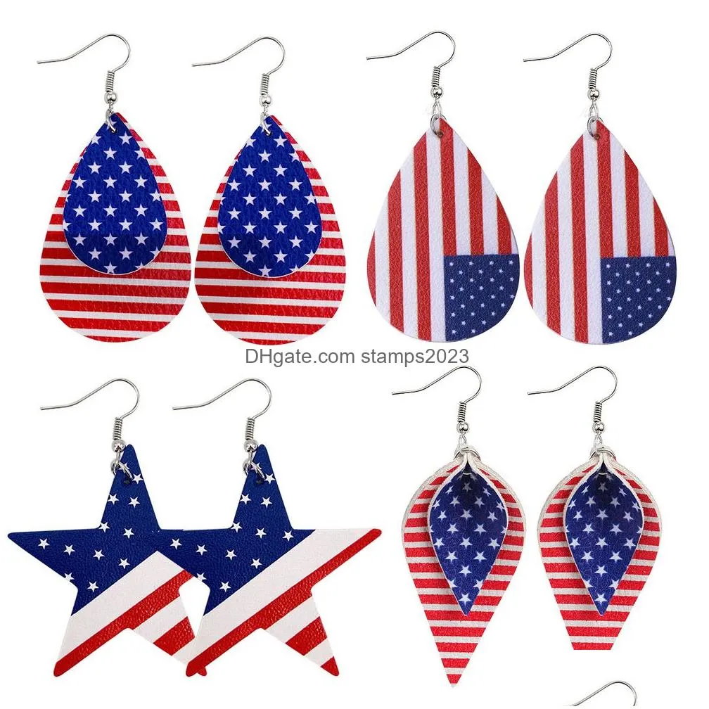 Pendants New Arrivals American Independence Day Leather Earrings Print Flag Pentagram Pu Earring Water Drops Mtilayer Wholesale Z11 Dr Dhqgi