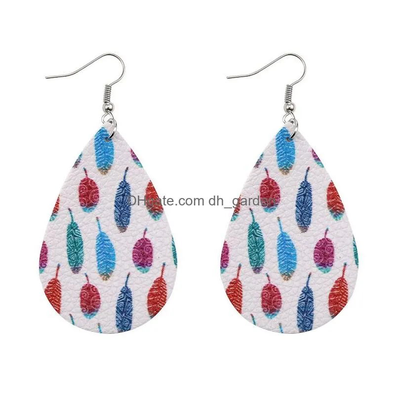 Dangle & Chandelier Designer Feather Printed Pattern Leather Earring For Women Girls Pu Printing Dangle Earrings Oval Water Dhgarden Dhxz5