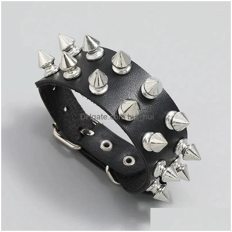 link bracelets unique gothic punk spikes rivet stud wide leather rock bangle women men jewelry