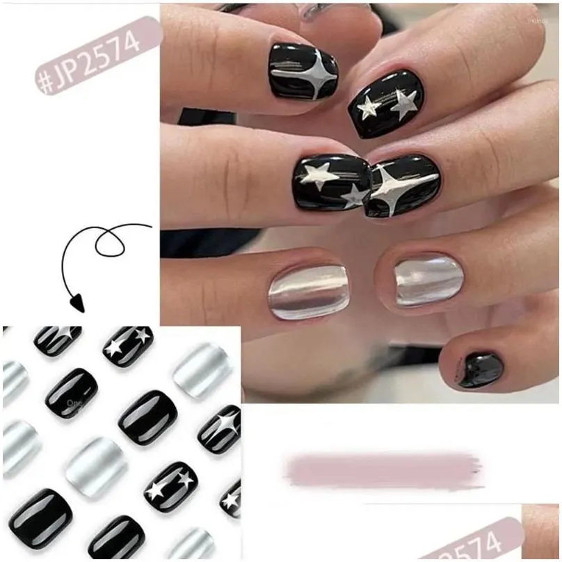 false nails 24pcs black short round y2k silver star design french fake full cover detachable nail tips press on