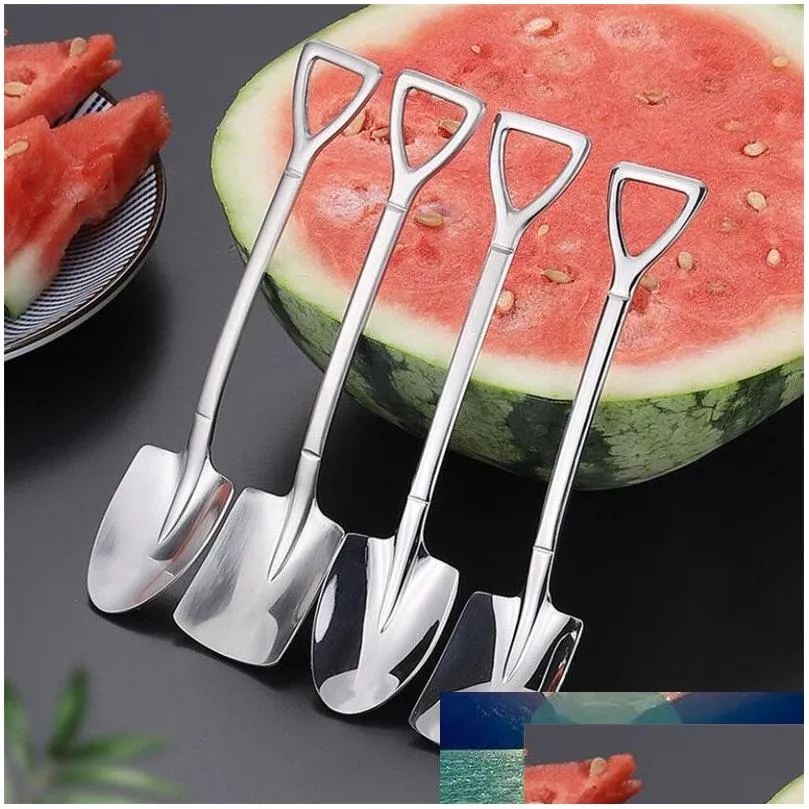 Coffee Scoops 2Pcs/Set Stainless Steel Iron Shovel Spoon Coffee Ice Cream Engineering Retro Cute Square Head Kitchen Gadget Drop Deliv Dhxyd