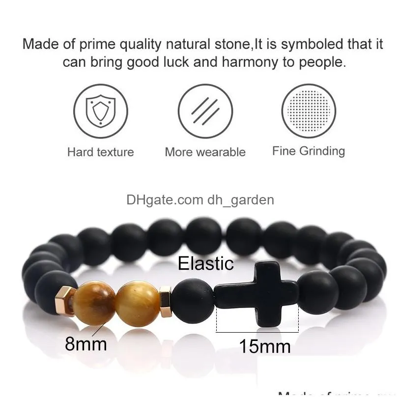 Beaded Fashion Design Natural Black Matte Stone Agate Beads Bracelet For Men Cross Charm Handmade Elastic Rope Adjustable D Dhgarden Dhcxo