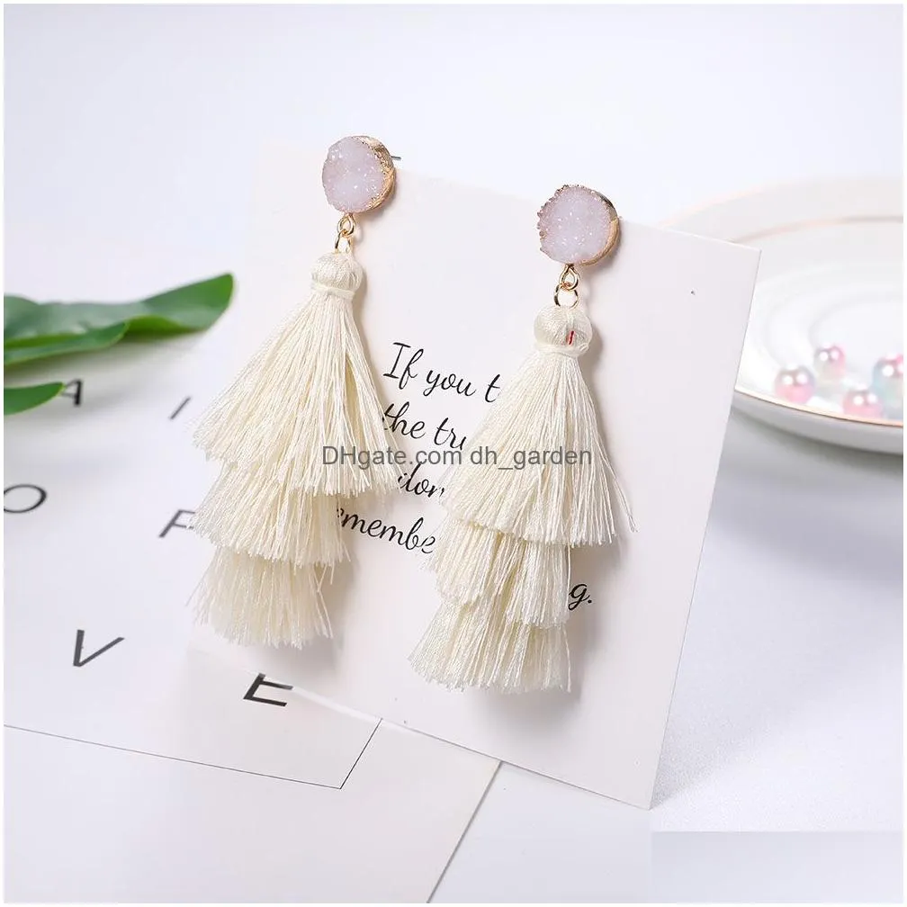 Dangle & Chandelier 11 Colors Polyester Filament Tassel Dangle Earring For Women Crystal Narural Stone Bohemian Long Earrin Dhgarden Dhb5W