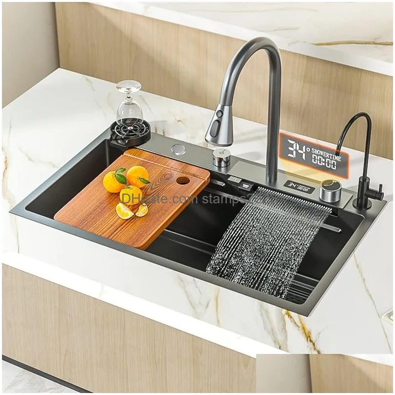 Kitchen Sinks Waterfall Sink Stainless Steel Large Modern Mtifuctional Nano Black With Faucet 230616 Drop Delivery Dhjal