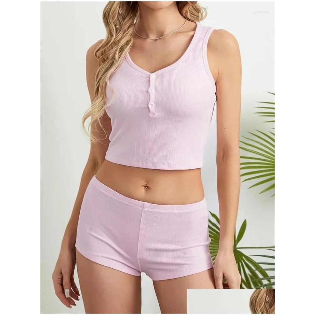 women`s sleepwear chronstyle women 2 pieces pajama sets solid color summer tank tops and elastic waist shorts loungewear nightwear