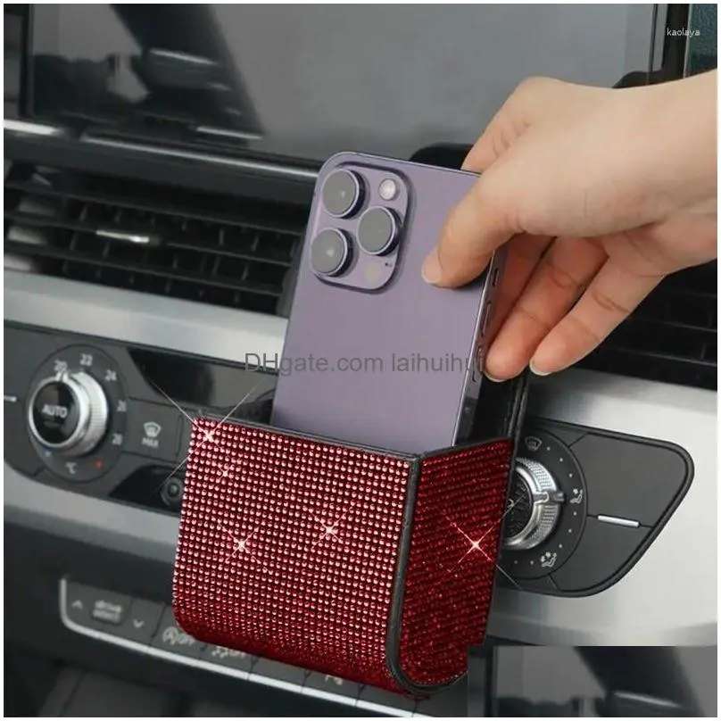 car organizer air outlet storage box vent pocket big space with clip and fixed hook strong load rhinestones