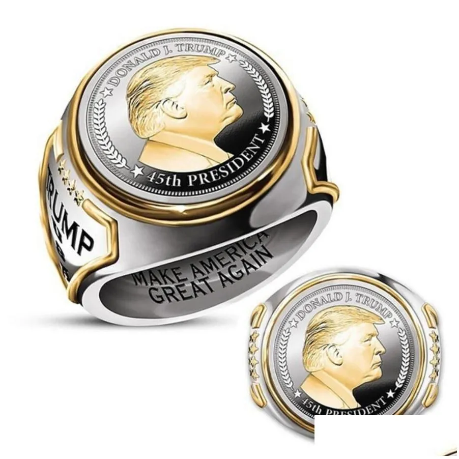 Band Rings Fashion Personality Two Tone Us Trump Statue Commemorative Rings For Men Coin High Jewelry Party Supporter Punk Gift Drop Dhcuw