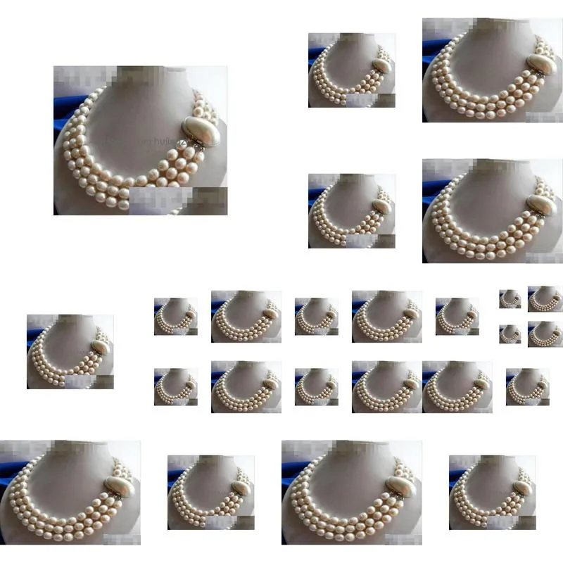 3strands 11mm white rice freshwater pearl necklace012348058543