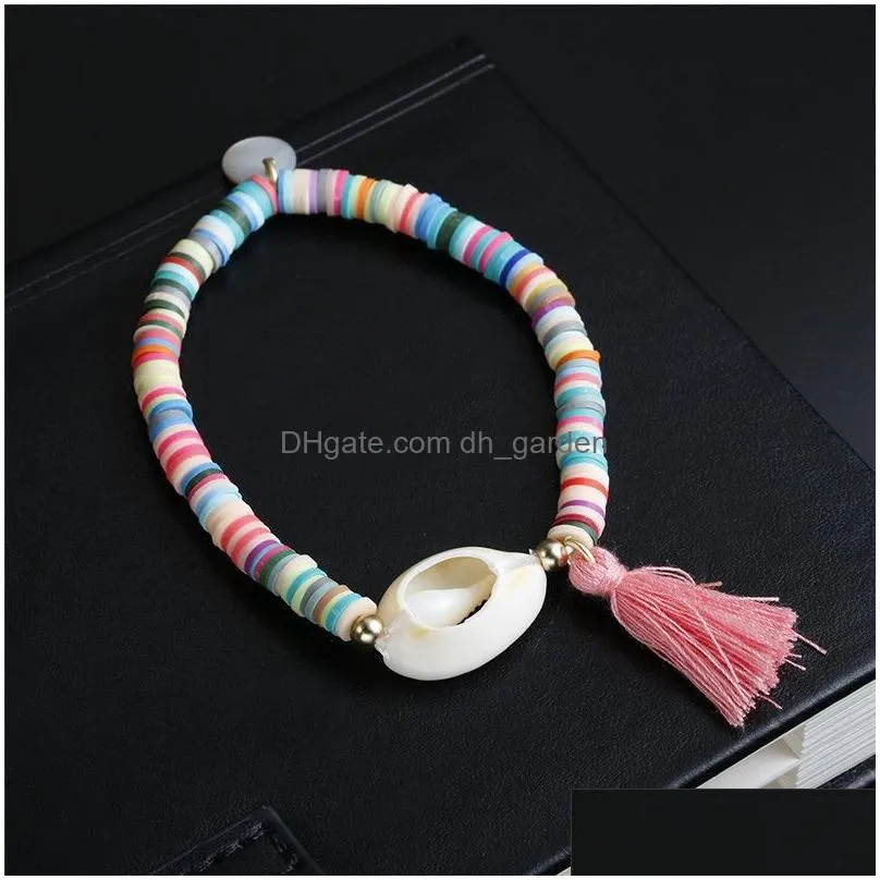 Charm Bracelets Fashion White Shell Elastic Tassel Charm Bracelet Bohemian Colorf Polymer Clay Beaded Bracelets For Women D Dhgarden Dhjgo