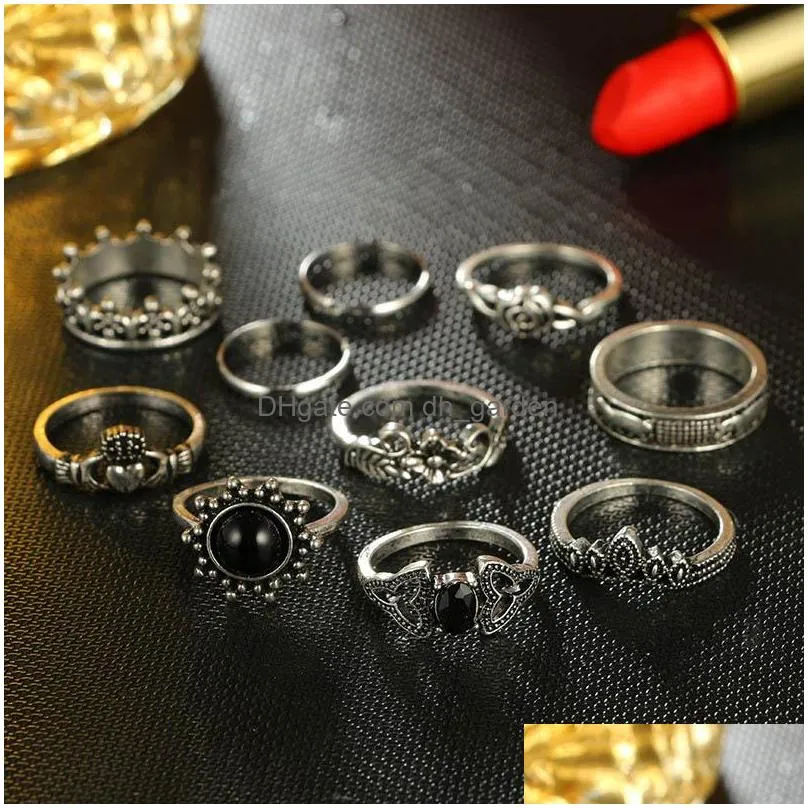 Cluster Rings Fashion Hollow Flower Elephant Heart Shape Ring Set For Women Bohemia Style Big Vintage Alloy Knuckle Rings 1 Dhgarden Dhlbm