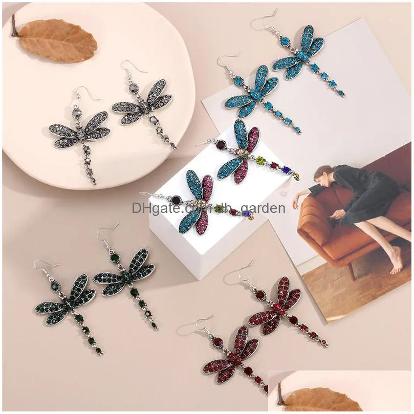 Stud Colorf Crystal Dragonfly Tassel Vintage Drop Dangle Stud Earring For Women Sier Plating Earrings Trendy Party Wedding Dhgarden Dhzh2