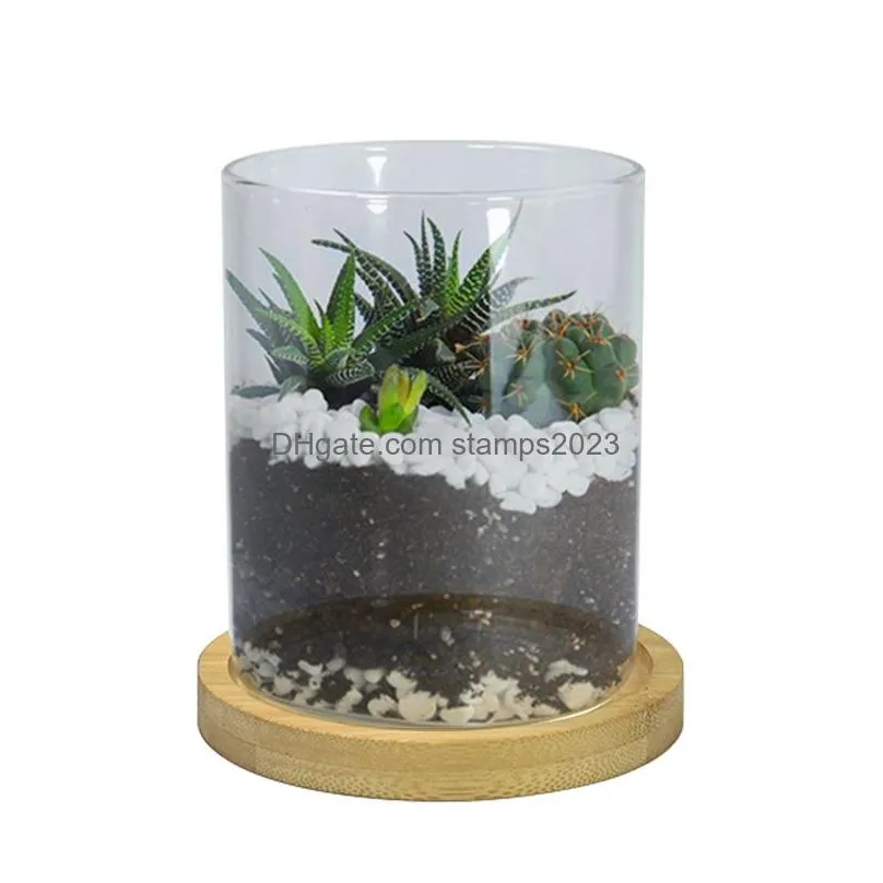 Planters & Pots Sublimation Succent Plant Pot Glass Pots Container Small Cylinder Flower Planter With Bamboo Saucers For Plants Indoor Dholr