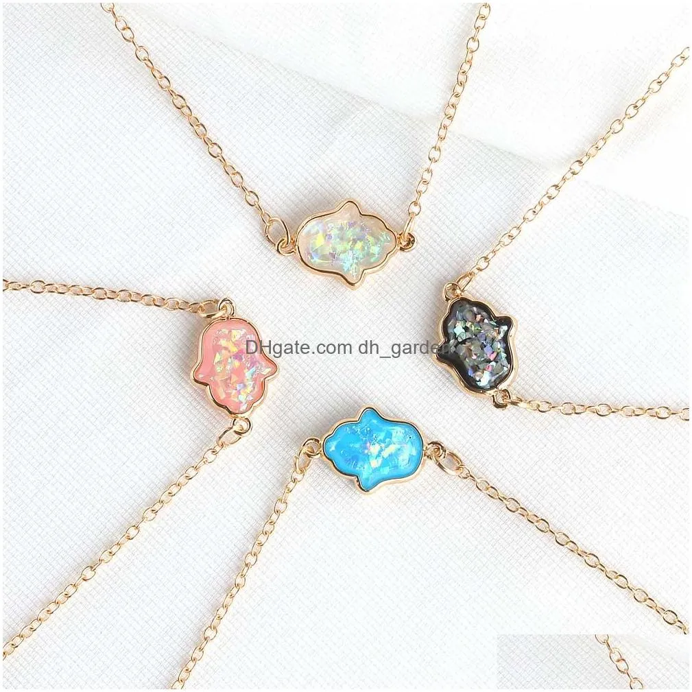 Pendant Necklaces Fashion Opal Hamsa Hand Pendant Necklace For Women Nature Resin Jewelry Gift Drop Delivery Jewelry Necklace Dhgarden Dh7Nr