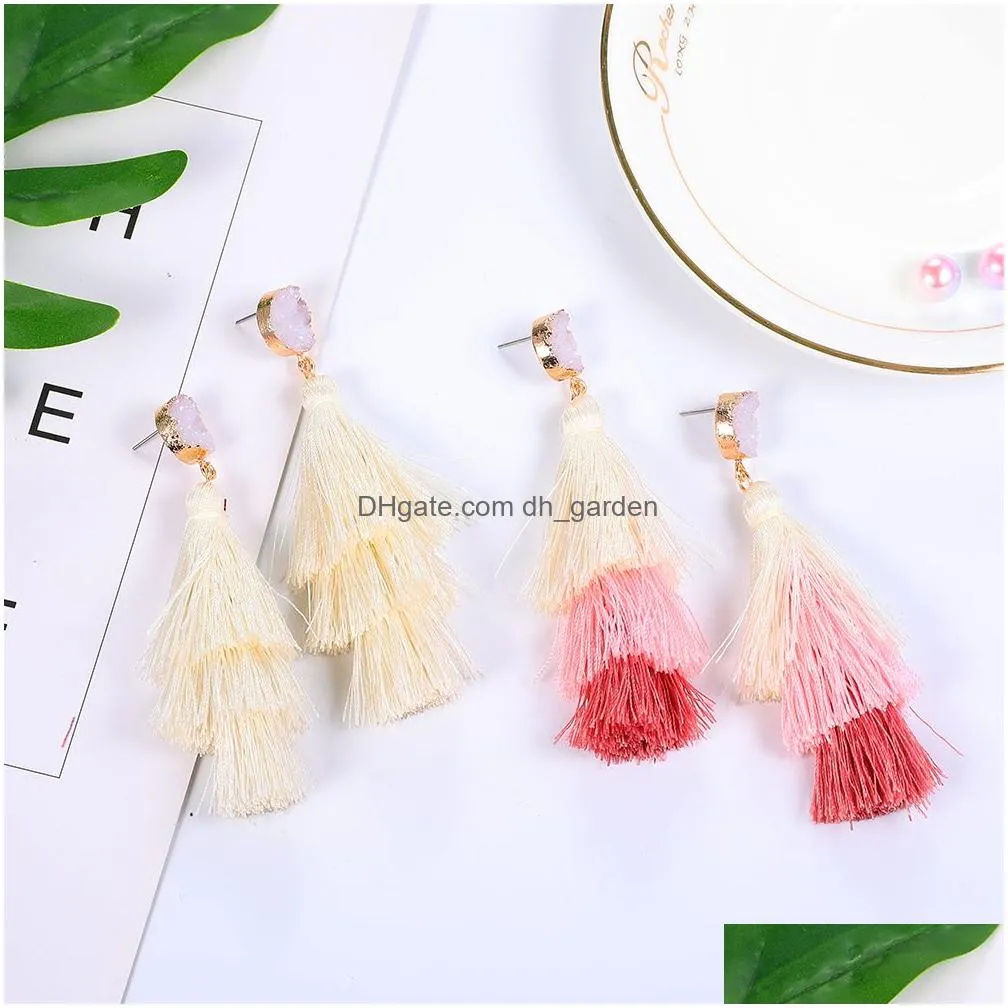 Dangle & Chandelier 11 Colors Polyester Filament Tassel Dangle Earring For Women Crystal Narural Stone Bohemian Long Earrin Dhgarden Dhb5W