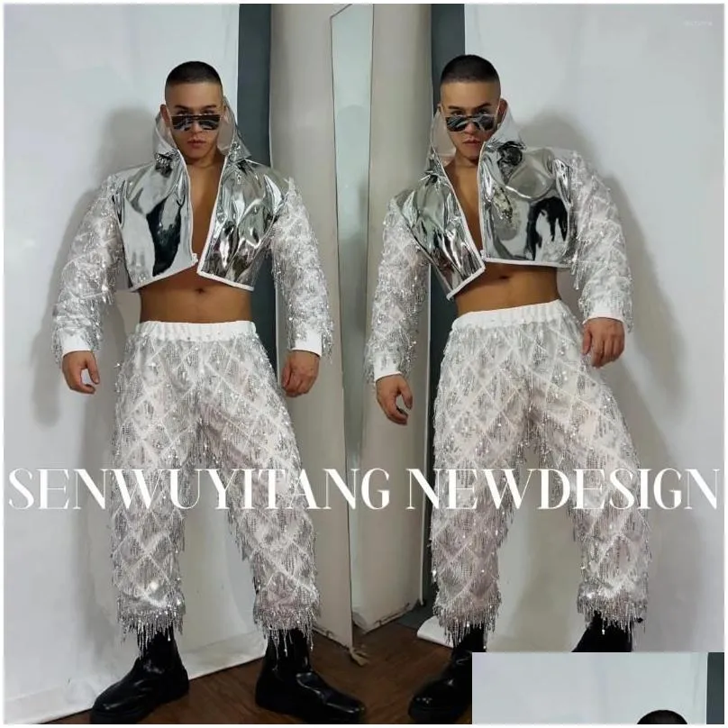 stage wear silver mirror face theme party men`s and women`s nightclub bar gogo hip hop christmas year performance dress