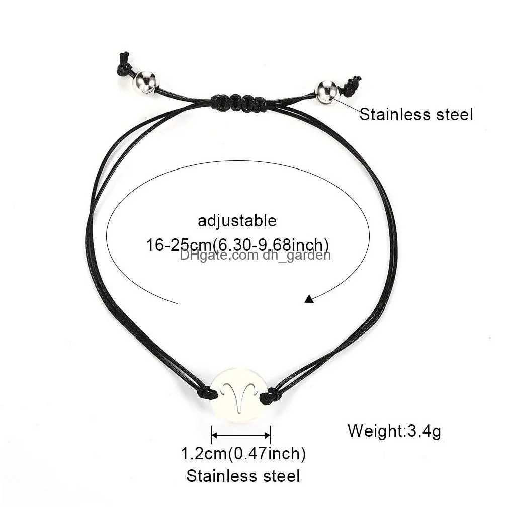 Chain Handmade Braided Black Wax Rope Bracelets Adjustable Stainless Steel 12 Constellation Charm Chain For Men Women Uni D Dhgarden Dhr0B