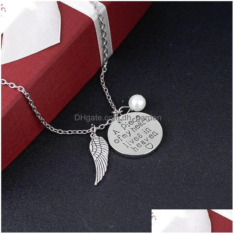 Pendant Necklaces New Fashion Angels Wing Handwriting Remembrance Necklace For Women A Piece Of My Heart Lives In Heaven Pea Dhgarden Dhcea