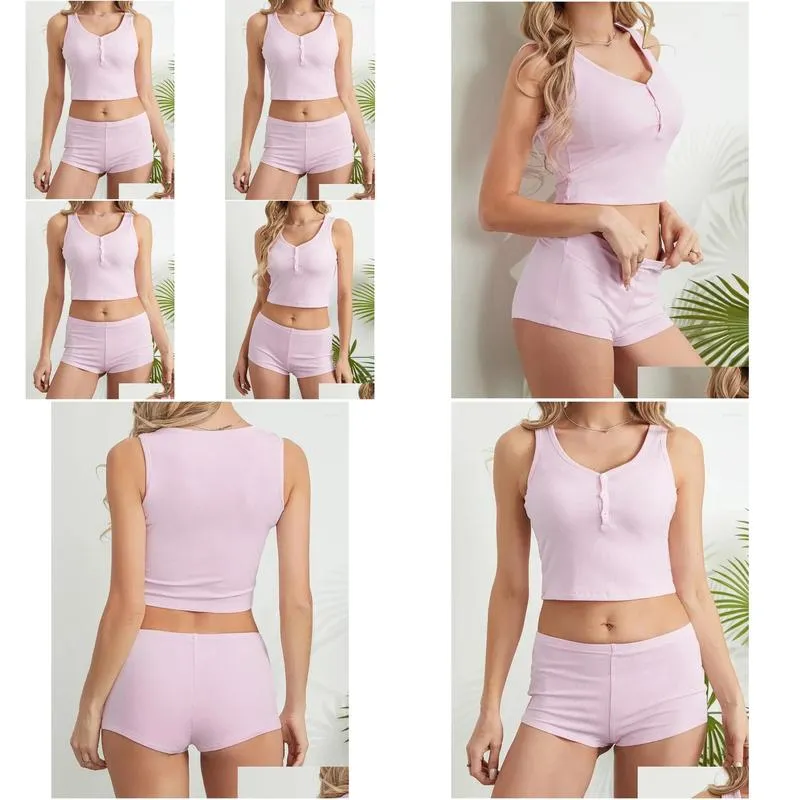 women`s sleepwear chronstyle women 2 pieces pajama sets solid color summer tank tops and elastic waist shorts loungewear nightwear