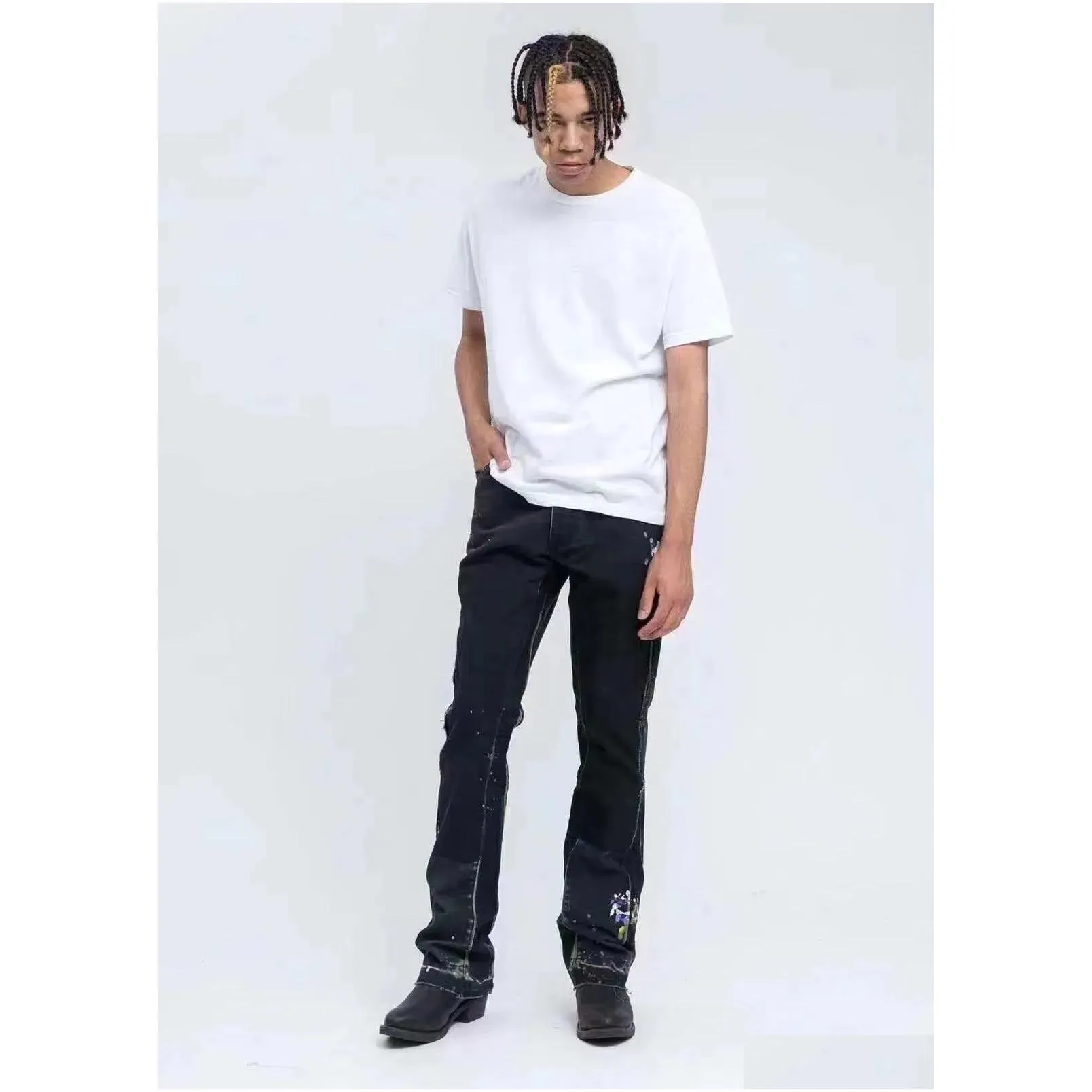 24ss spring summer men`s vintage jeans painted double knee cargo pants