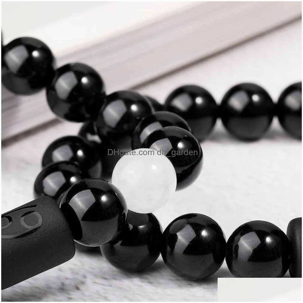 Beaded Fashion 12 Constellation Black Agate 10Mm Beaded Strands Bracelets For Men Women Tiger Eyes Beads Natural Stone Brac Dhgarden Dh0Aj