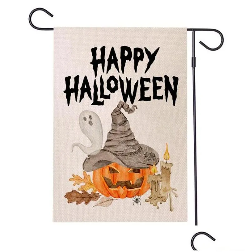 Banner Flags 47X32Cm Halloween Garden Flag Printing Pumpkin Flags Linen Terror Banner European And American Decoration Drop Delivery H Dhoad