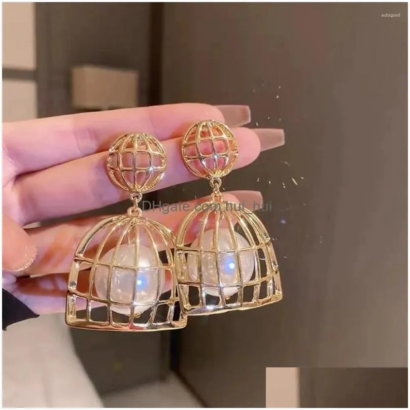 dangle earrings womens gold plated silver hollowed-out net bird cage shape ear pendant party trendy chic big pearl drop earring